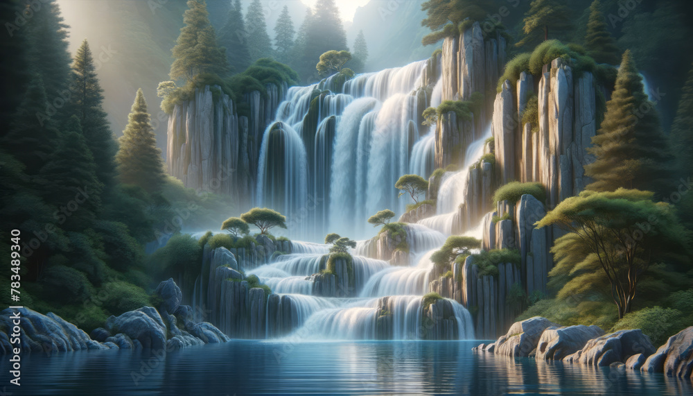 Poster majestic waterfalls cascading into a serene lake surrounded by lush trees, depicted in a photorealis