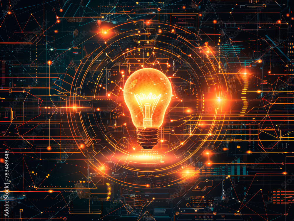 Poster A glowing lightbulb with a vivid circuit background, symbolizing a concept of creative ideas and technology. Generative AI