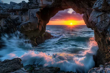 Poster A naturally formed archway in a rock formation by the sea, with waves crashing through it at sunset. 32k, full ultra hd, high resolution © Annu's Images