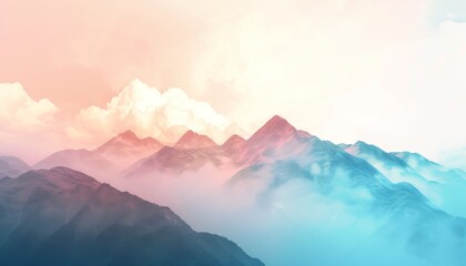Illustrate a breathtaking scene of a ethereal mountain range enveloped in mist, viewed from below against a pastel sunset sky, showcasing a balance of realism and impressionism in digital, photorealis