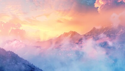 Illustrate a breathtaking scene of a ethereal mountain range enveloped in mist, viewed from below against a pastel sunset sky, showcasing a balance of realism and impressionism in digital, photorealis - obrazy, fototapety, plakaty
