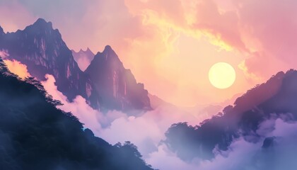 Illustrate a breathtaking scene of a ethereal mountain range enveloped in mist, viewed from below against a pastel sunset sky, showcasing a balance of realism and impressionism in digital, photorealis - obrazy, fototapety, plakaty