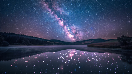 A night sky filled with stars over a peaceful lake, where the milky way is reflected in the still...