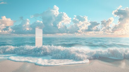 Envision a beach banner stand, where the backdrop of sand and sea invites viewers to dream of their next holiday. The podium stands ready for summer-themed adverts.