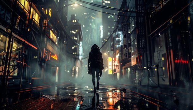Illustrate a digital photorealistic rendering featuring a mysterious figure navigating through a surreal world from a unique rear perspective Blend elements of survival themes with unexpected camera a