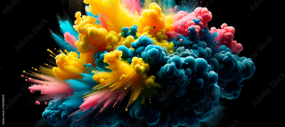 Poster colorful abstract shapes exploding on a black background, representing a vibrant burst of creativity