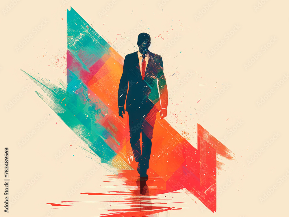 Poster silhouette of a businessman overlaid with abstract colorful shapes on a cream background, concept of