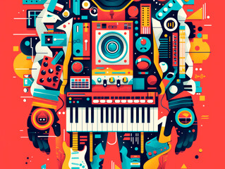A colorful, intricate illustration of various musical elements and abstract shapes forming a humanoid figure against a red background, expressing a concept of music and creativity. Generative AI