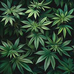 seamless pattern with green cannabis marijuana leaf on black background
