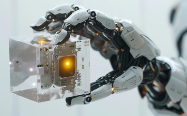 Fototapeta premium A close-up of an industrial robotic arm holding a cube glass box containing a microchip, with a white theme,