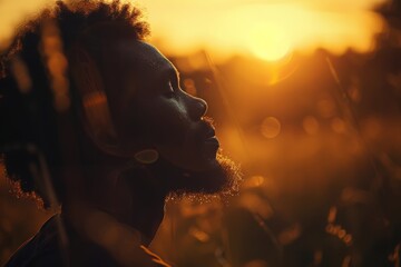 Captivating silhouette of a person during sunset, creating a serene and thoughtful mood amidst golden hour warmth, ideal for evocative advertising.

