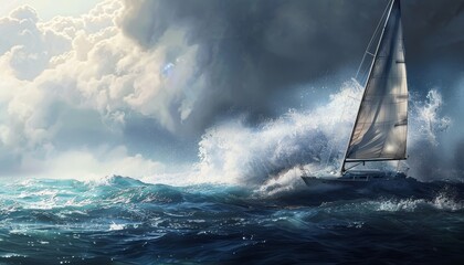 Craft a visual story of resilience using vector art, portraying a low-angle view of a lone sailboat braving rough waters, symbolizing strength and persistence amidst challenges - obrazy, fototapety, plakaty