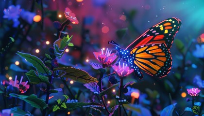 Craft a pixel art scene of a robotic butterfly landing delicately on a neon-lit flower in a vibrant, futuristic garden setting