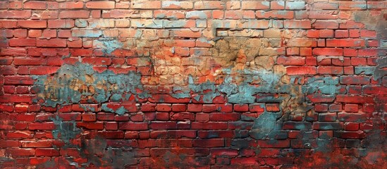 Peeling blue paint contrasts with the rusty, aged surface of a red brick wall, showing signs of weathering and decay