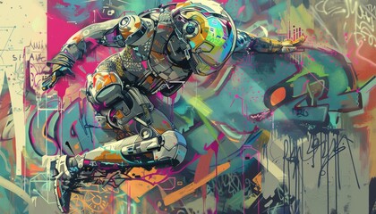 Capture the intricate details of a futuristic robotic dancer merging with vibrant surreal street graffiti in an eye-catching illustration, using precise lines and vivid colors in a digital pixel art s - obrazy, fototapety, plakaty