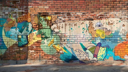 Capture the essence of Utopian Dreams in a whimsical street art scene on a brick wall Unexpected camera angles should highlight every detail, from the vibrant colors to the intricate patterns Digital