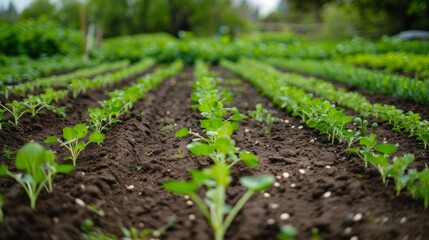 Rows of neatly planted seed plants in a permaculture farm ready for harvest to be used in the production of sustainable biofuel. .