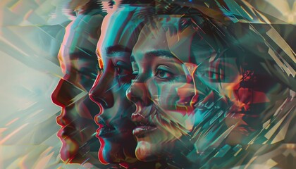 Capture the essence of anxiety in a digital glitch art piece, with a kaleidoscope of fragmented faces twisting into geometric shapesSet the scene with dramatic lighting angles - obrazy, fototapety, plakaty