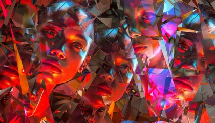Capture the essence of anxiety in a digital glitch art piece, with a kaleidoscope of fragmented faces twisting into geometric shapesSet the scene with dramatic lighting angles - obrazy, fototapety, plakaty