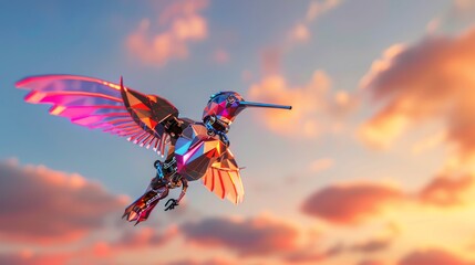 Capture a metallic, sleek hummingbird robot mid-flight against a vibrant sunrise sky in CG 3D rendering