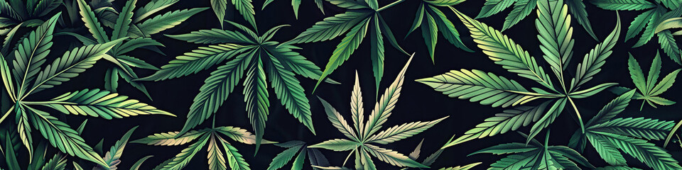 seamless pattern with green cannabis marijuana leaf on black background for fabric decor - obrazy, fototapety, plakaty