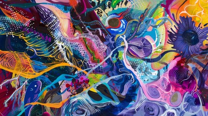Bring to life Worms-eye view Exploring lifes journey using vibrant acrylic colors on canvas Capture surreal dance leadership with intricate brushstrokes and dreamlike compositions