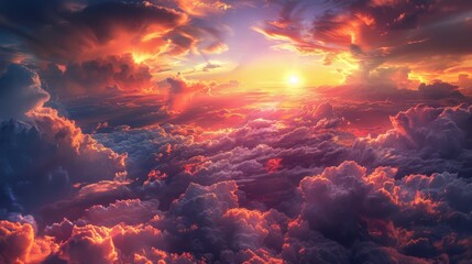 High-altitude view of a sundown, with expansive colorful clouds, capturing the grandeur of the...