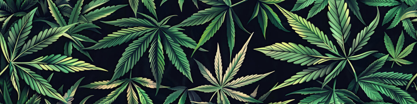 seamless pattern with green cannabis marijuana leaf on black background for fabric decor