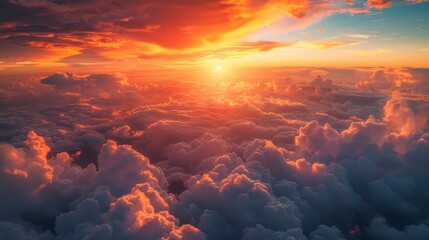 High-altitude view of a sundown, with expansive colorful clouds, capturing the grandeur of the moment. - obrazy, fototapety, plakaty