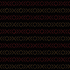 black repetitive background. gold red squares and crosses from hand drawn stripes. vector seamless pattern. folk decorative art. geometric fabric swatch. wrapping paper. fabric design template