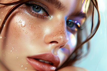 Artistic portrait of a model with graphic eye makeup and dewy skin - obrazy, fototapety, plakaty