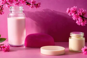 Fototapeta na wymiar Product packaging mockup photo of Jar of cream and blossoming branch. Cream with extract of pink tree, studio advertising photoshoot