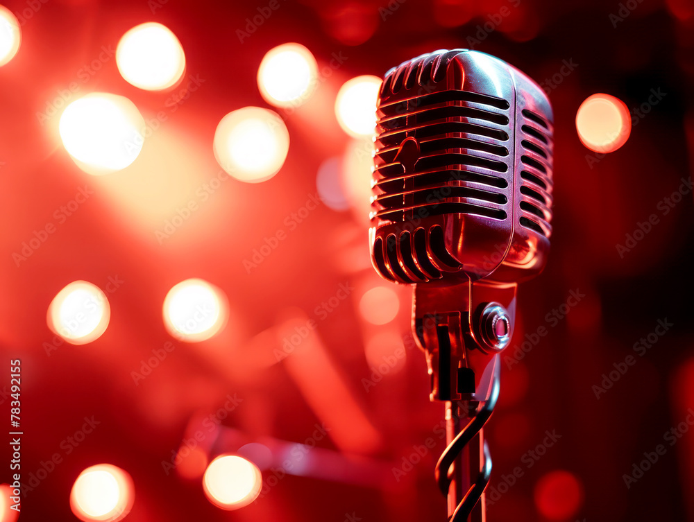 Poster A vintage microphone with a bokeh light background, focused on music or performance concept, Generative AI. Generative AI