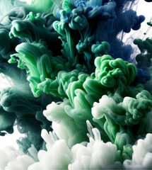 Abstract swirling clouds of green and blue hues against a white background, evoking a creative and fluid concept. Generative AI - obrazy, fototapety, plakaty