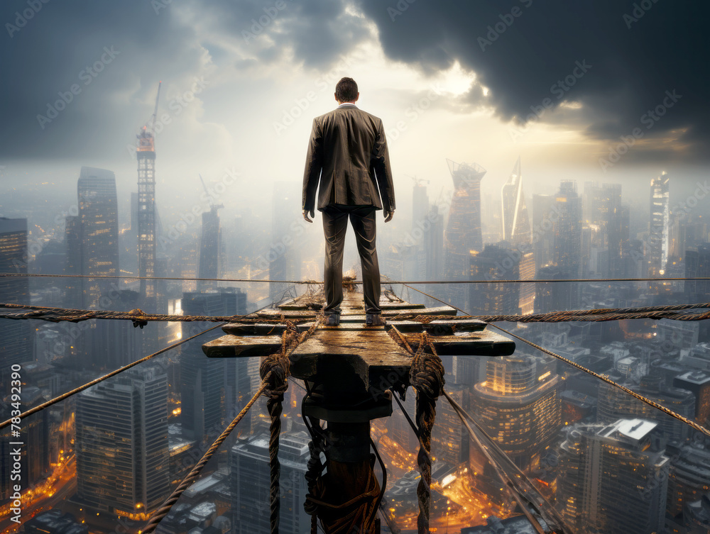 Poster a man on a rustic wooden platform above a cityscape at dusk, concept of courage, generative ai. gene