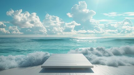 Imagine a product display platform on a beach, with waves gently lapping at the edge. The summer sky above sets a joyful mood for vacation promotions.