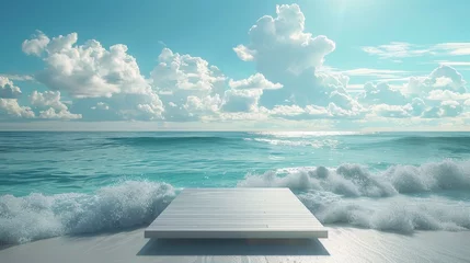 Gartenposter Imagine a product display platform on a beach, with waves gently lapping at the edge. The summer sky above sets a joyful mood for vacation promotions. © homwhan