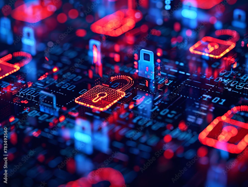 Poster detailed circuit board with glowing red and blue elements on a dark background, representing the con