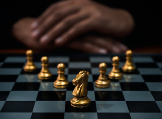 Golden horse, knight chess piece and gold pawn chess pieces on chessboard with businessman on dark background. Leadership, follower, team, commander, competition, and business strategy concept.