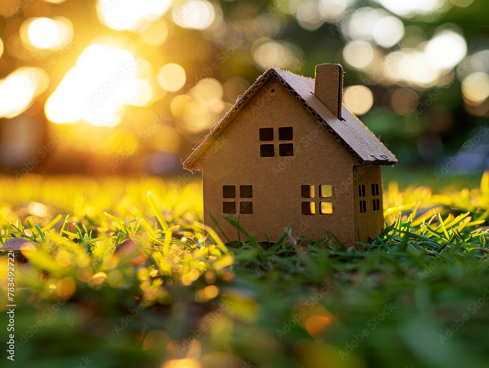 Poster A cardboard model of a house placed on grass, with a bokeh light background, symbolizing the concept of home and environment. Generative AI