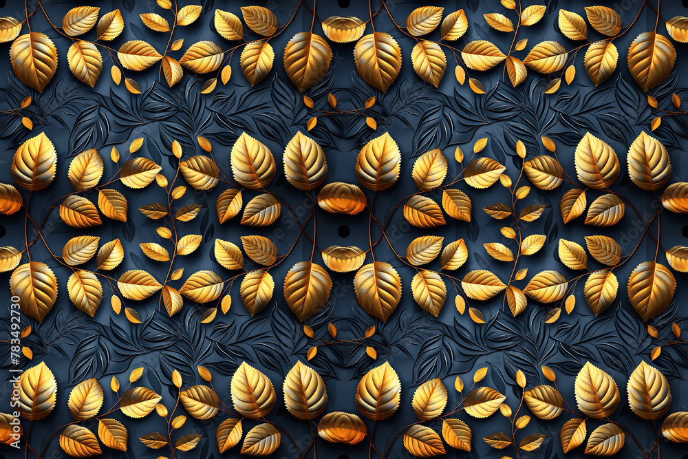 Wall mural seamless pattern with golden leaves on tree branches on dark background