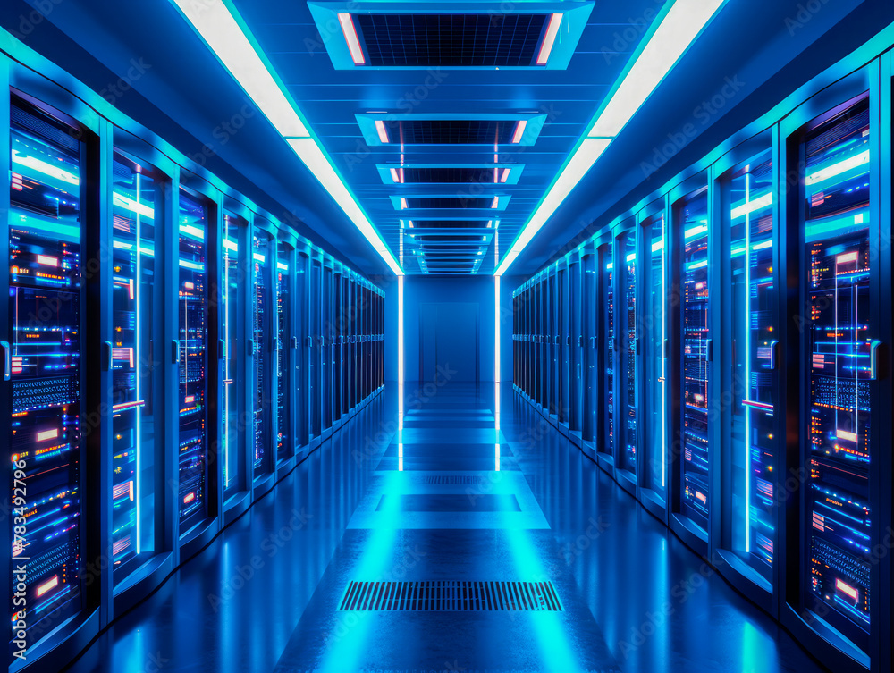 Aufkleber a high-tech data center interior with rows of server racks, lit in blue, illustrating a concept of t