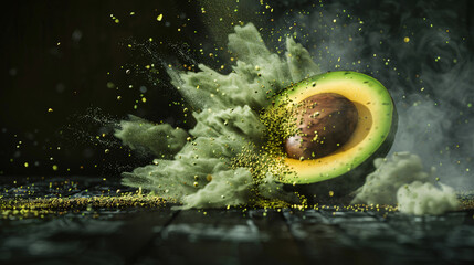 Fresh avocado food, avocado dust splash creative healthy gourmet background