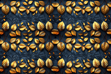 seamless pattern with golden leaves on tree branches on dark background