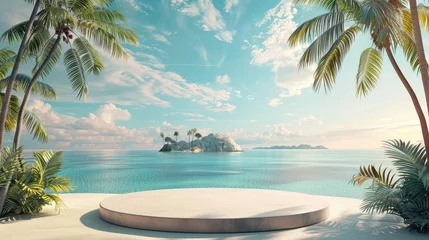 Gartenposter Imagine a summer sale display on a beach, where the podium is adorned with tropical motifs. The backdrop features a serene island, inviting travelers to explore paradise. © homwhan