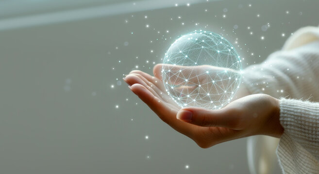 A person holding a glowing digital globe, digital art style against a neutral background, depicting the concept of global connectivity. Generative AI
