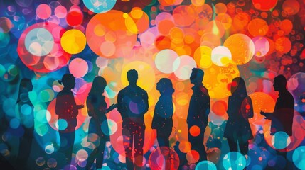 Silhouetted figures against a vibrant backdrop of colorful speech bubbles