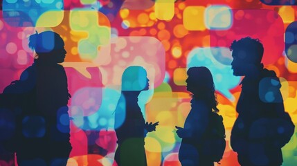 Silhouetted figures against a vibrant backdrop of colorful speech bubbles