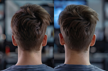 A close-up view of technology Image comparing a mans hair before and after using automation systems showing clear results, behind him, view from back, Hight Quality ,8k