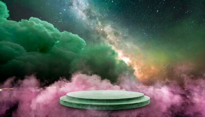 ai generative of a green galaxy backgrounds with pink smoke, circle stage and others